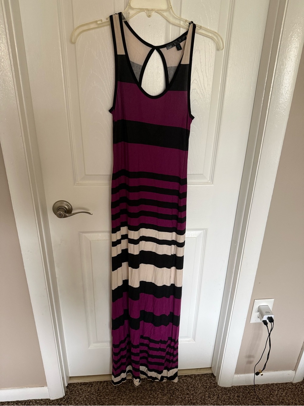 Snap Sleeveless Striped Maxi Dress in Purple, Black & Cream